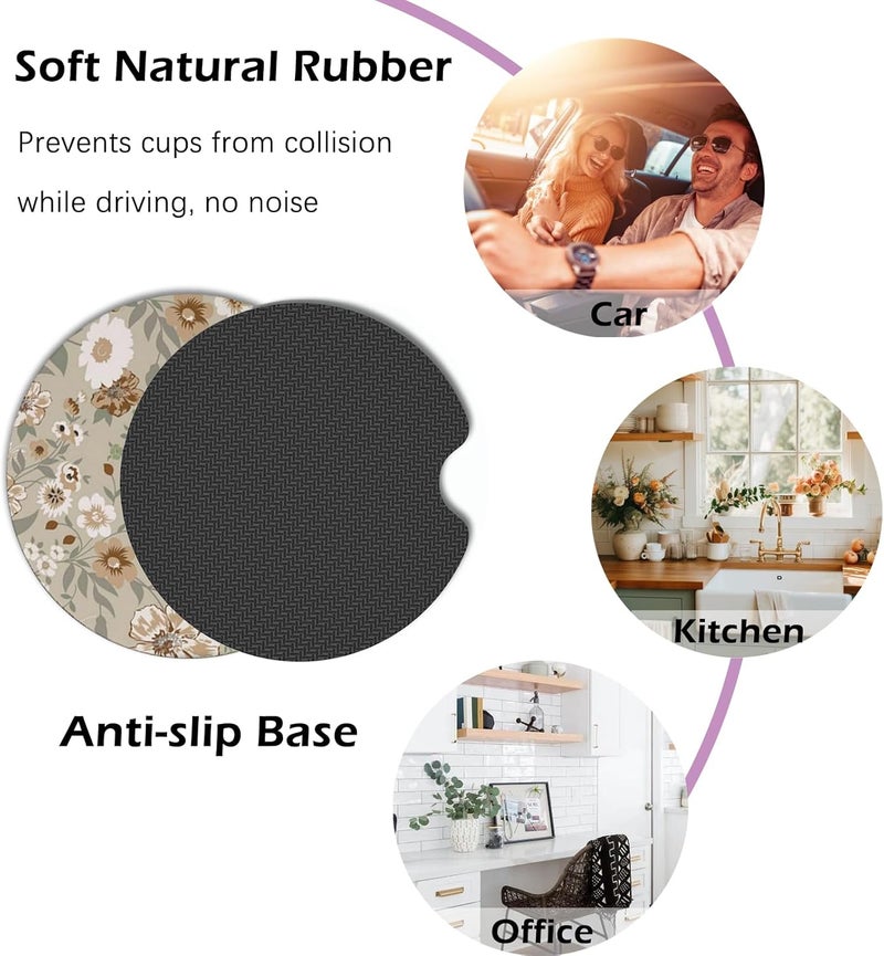 KARREAL 2 Pcs Car Cup Coasters, Vintage Floral Universal Non-Slip Rubber Car Coasters for Cup Holders 2.75 inch, Car Interior Accessories for Women - Image 5